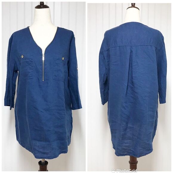 ELLEN‎ TRACY 100% Linen Navy Blue Tunic Top Roll Tab Sleeve V-Neck Size Medium - Picture 2 of 11